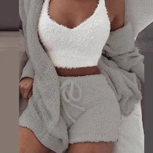 Vero Cozy Chic 3-Piece Fluffy Pajama Set – Luxe Tank, Shorts & Hoodie for Women